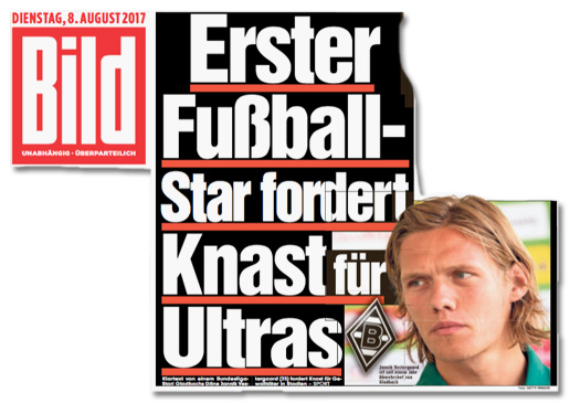 Ausriss Bild-Titelseite - Erster Fußball-Star fordert Knast für Ultras
