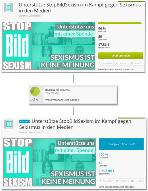 Screenshot der Betterplace-Kampagne mit der Spende in Höhe von 50 Euro