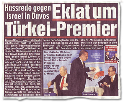 [Ausriss Seite-1-Artikel] "Hassrede gegen Israel in Davos: Eklat um Türkei-Premier"