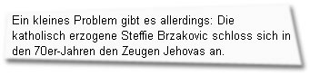 "Ein kleines Problem gibt es allerdings: Die katholisch erzogene Steffie Brzakovic schloss sich in den 70er-Jahren den Zeugen Jehovas an."