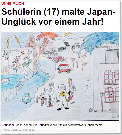 Unheimlich Schülerin (17) malte Japan-Unglück vor einem Jahr! Auf dem Bild zu sehen: Die Tsunami-Welle trifft ein Atomkraftwerk (oben rechts)