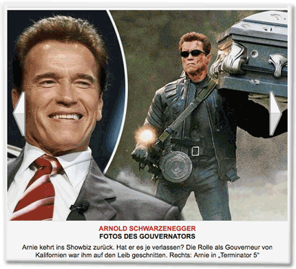 Arnie kehrt ins Showbiz zurück. Hat er es je verlassen? Die Rolle als Gouverneur von Kalifornien war ihm auf den Leib geschnitten. Rechts: Arnie in "Terminator 5"