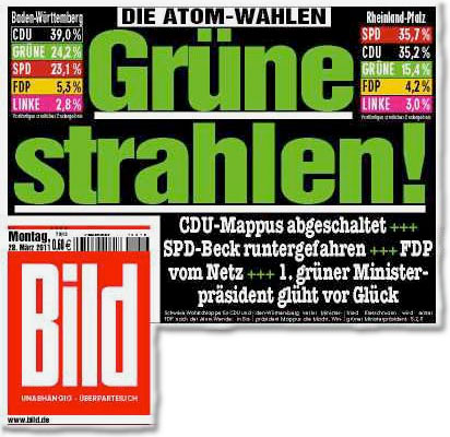 Die Atom-Wahlen: Grüne Strahlen! CDU-Mappus abgeschaltet. SPD-Beck runtergefahren. FDP vom Netz. 1. grüner Ministerpräsident glüht vor Glück.