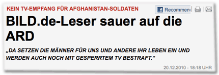 Kein TV-Empfang für Afghanistan-Soldaten: BILD.de-Leser sauer auf die ARD. "Da setzen die Männer für uns und andere ihr Leben ein und werden auch noch mit gesperrtem TV bestraft."