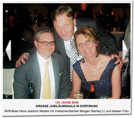 BVB-Boss Hans-Joachim Watzke mit Investmentbanker Morgan Stanley (l.) und dessen Frau