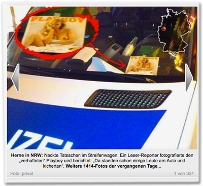Herne in NRW: Nackte Tatsachen im Streifenwagen. Ein Leser-Reporter fotografierte den „verhafteten“ Playboy und berichtet: "Da standen schon einige Leute am Auto und kicherten".