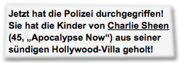 Jetzt hat die Polizei durchgegriffen! Sie hat die Kinder von Charlie Sheen (45, "Apocalypse Now") aus seiner sündigen Hollywood-Villa geholt!