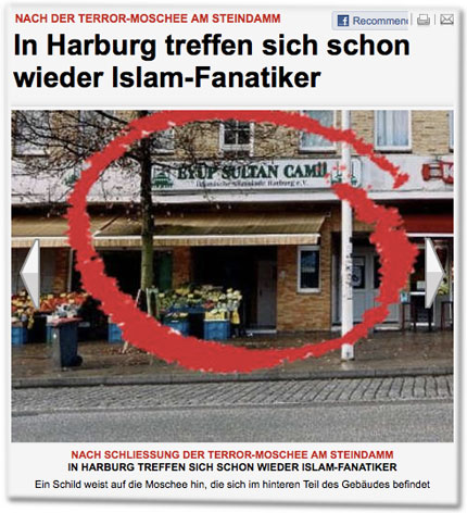 Nach der Terror-Moschee am Steindamm: In Harburg treffen sich schon wieder Islam-Fanatiker. Ein Schild weist auf die Moschee hin, die sich im hinteren Teil des Gebäudes befindet