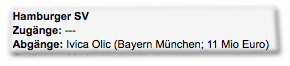 Hamburger SV - Zugänge: ---; Abgänge: Ivica Olic (Bayern München; 11 Mio Euro)