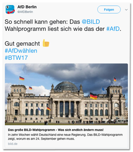 Tweet der AfD Berlin - So schnell kann es gehen: Das Bild-Wahlprogramm liest wie das der AfD. Gut gemacht