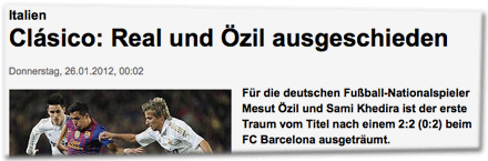 Italien. Clásico: Real und Özil ausgeschieden. Für die deutschen Fußball-Nationalspieler Mesut Özil und Sami Khedira ist der erste Traum vom Titel nach einem 2:2 (0:2) beim FC Barcelona ausgeträumt.