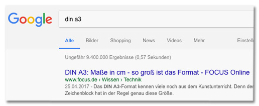 Screenshot Google mit Focus Online auf Platz eins der Suchtreffer, wenn man nach din a3 sucht