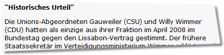 Die Unions-Abgeordneten Gauweiler (CSU) und Willy Wimmer (CDU) hatten als einzige aus ihrer Fraktion im April 2008 im Bundestag gegen den Lissabon-Vertrag gestimmt.