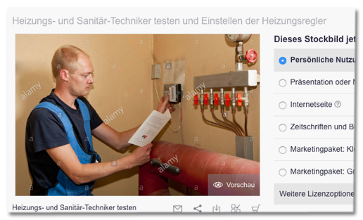 Screenshot Fotoagentur Alamy - Foto des Mannes und die Caption dazu Heizungs- und Sanitärtechniker Testen und Einstellen der Heizungsregler