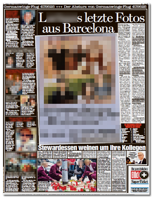 [Ganze Seite der 'Bild'-Zeitung; große Überschrift: 'L[...]s letzte Fotos aus Barcelona'; dazu viele Fotos von Opfern des Absturzes; etwas kleiner unten auf der Seite: 'Stewardessen weinen um ihre Kollegen'; dazu ein Foto der trauernden Stewardessen, die Kerzen aufstellen