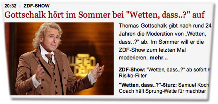 Gottschalk hört im Sommer bei "Wetten, dass..?" auf. Thomas Gottschalk gibt nach rund 24 Jahren die Moderation von "Wetten, dass..?" ab. Im Sommer will er die ZDF-Show zum letzten Mal moderieren.