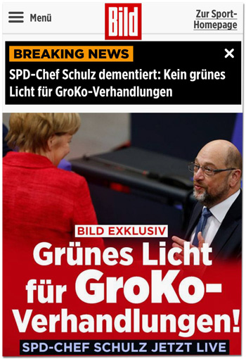 Screenshot Bild.de - Oben: Breaking News - SPD-Chef Schulz dementiert: Kein grünes Licht für GroKo-Verhandlungen - Unten: Bild exklusiv - Grünes Licht für GroKo-Verhandlungen