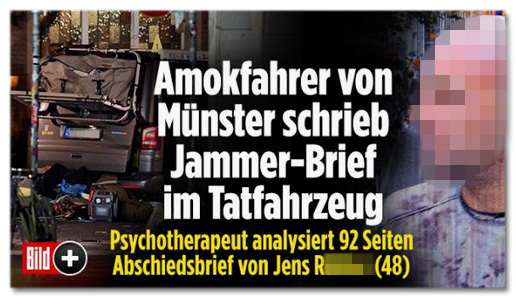 Screenshot Bild.de - Amokfahrer von Münster schrieb Jammer-Brief im Tatfahrzeug - Psychotherapeut analysiert 92 Seiten Abschiedsbrief von Jens Nachname