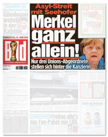 Ausriss Bild-Zeitung - Asyl-Streit mit Seehofer - Merkel ganz allein! Nur drei Unions-Abgeordnete stellen sich hinter die Kanzlerin