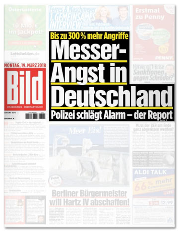 Ausriss Bild-Titelseite - Bis zu 300 Prozent mehr Angriffe - Messer-Angst in Deutschland - Polizei schlägt Alarm - der Report