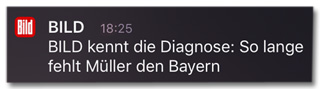 Screenshot Bild-Push-Nachricht - Bild kennt die Diagnose: So lange fehlt Müller den Bayern