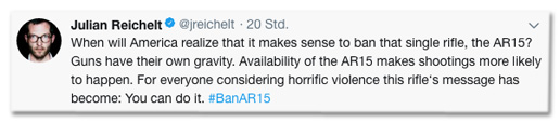 Screenshot des Tweets von Julian Reichelt - When will America realize that it makes sense to ban that single rifle, the AR15? Guns have their own gravity. Availability of the AR15 makes shootings more likely to happen. For everyone considering horrific violence this rifle‘s message has become: You can do it.