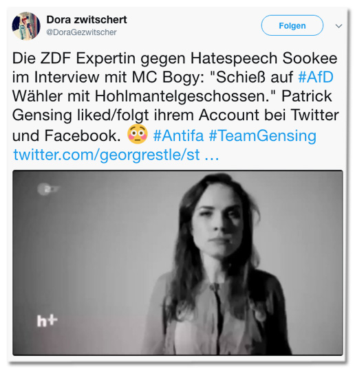 Screenshot eines Tweets von Dora Gezwitscher - Die ZDF Expertin gegen Hatespeech Sookee im Interview mit MC Bogy: 