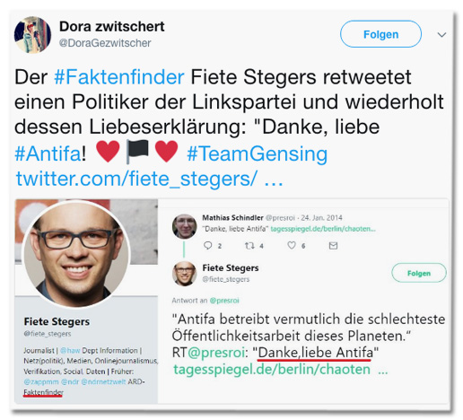 Screenshot eines Tweets von Dora Gezwitscher - Der Faktenfinder Fiete Stegers retweetet einen Politiker der Linkspartei und wiederholt dessen Liebeserklärung: Danke, liebe Antifa!