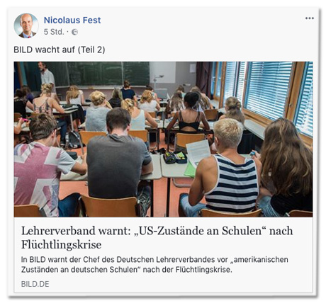 Screenshot eines Facebook-Posts von Nicolaus Fest, der den Bild.de-Artikel teilt