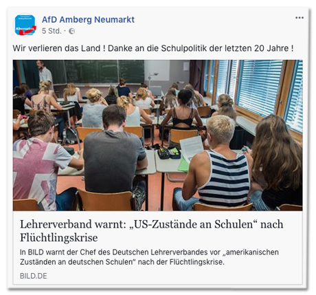 Screenshot eines Facebook-Posts der AfD Amberg Neumarkt, der den Bild.de-Artikel teilt
