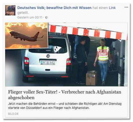 Screenshot Facebook-Seite Deutsches Volk bewaffne dich mit Wissen mit Bild.de-Post