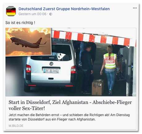 Screenshot Facebook-Seite Deutschland zuerst Gruppe Nordrhein-Westfalen mit Bild.de-Post