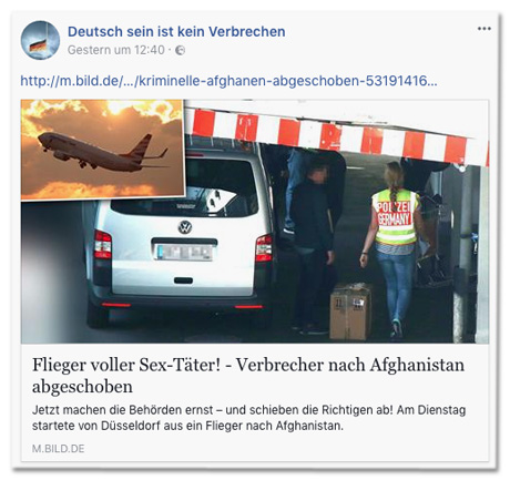 Screenshot Facebook-Seite Deutsch sein ist kein Verbrechen mit Bild.de-Post