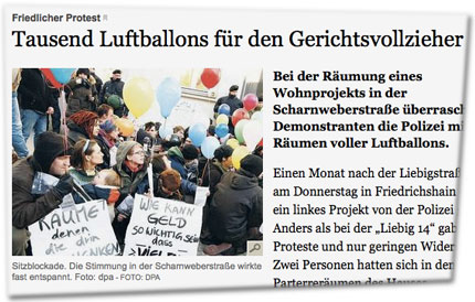 Friedlicher Protest: Tausend Luftballons für den Gerichtsvollzieher. Sitzblockade. Die Stimmung in der Scharnweberstraße wirkte fast entspannt. Foto: dpa - Foto: dpa