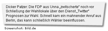 Dicker Patzer: Die FDP aus Unna „zwitscherte“ noch vor Schließung der Wahllokale über den Dienst „Twitter“ Prognosen zur Wahl. Schnell kam ein mahnender Anruf aus Berlin, das kann schließlich Wähler beeinflussen.