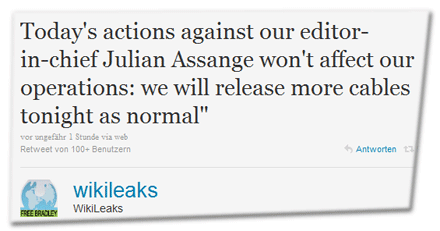 Today's actions against our editor-in-chief Julian Assange won't affect our operations: we will release more cables tonight as normal