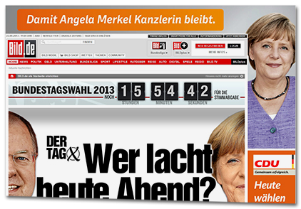 [Startseite von Bild.de am Tag der Wahl. In einer großen Anzeige wird Werbung für die CDU gemacht.]