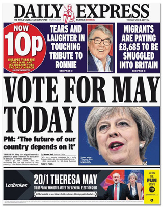 Titelseite Daily Express - Vote for May today