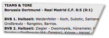 Teams & Tore Borussia Dortmund - Real Madrid C.F. 0:5 (0:1) BVB 1. Halbzeit: Weidenfeller [...] BVB 2. Halbzeit: Ziegler